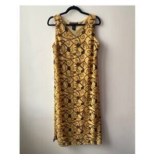 ❌SOLD🏷️Vintage 90s Yellow & Brown Sleeveless Maxi Dress Abstract Whimsy Batik M